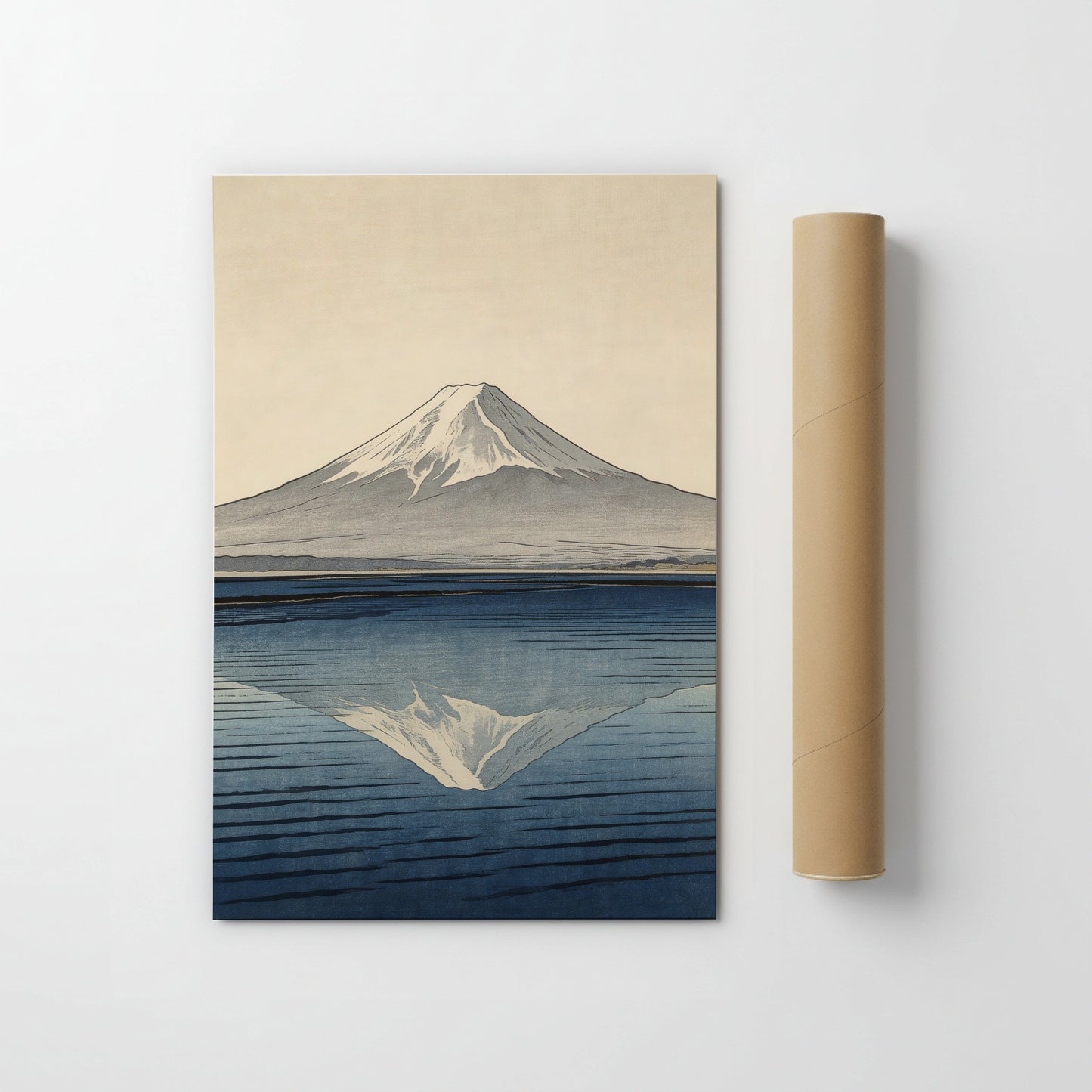 Mount Fuji reflection art print with snow-capped peak over calm blue water in Japanese woodblock style