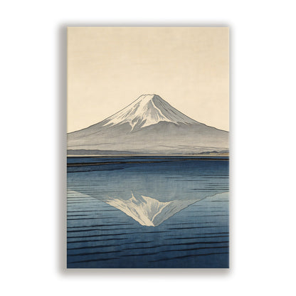 Mount Fuji reflection art print with snow-capped peak over calm blue water in Japanese woodblock style