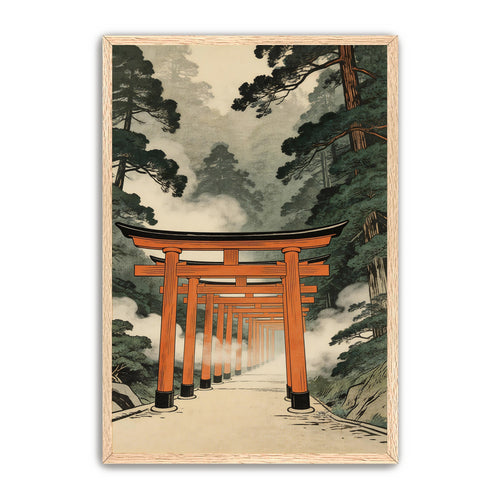 Close-up view of torii gate wall art in natural wood frame