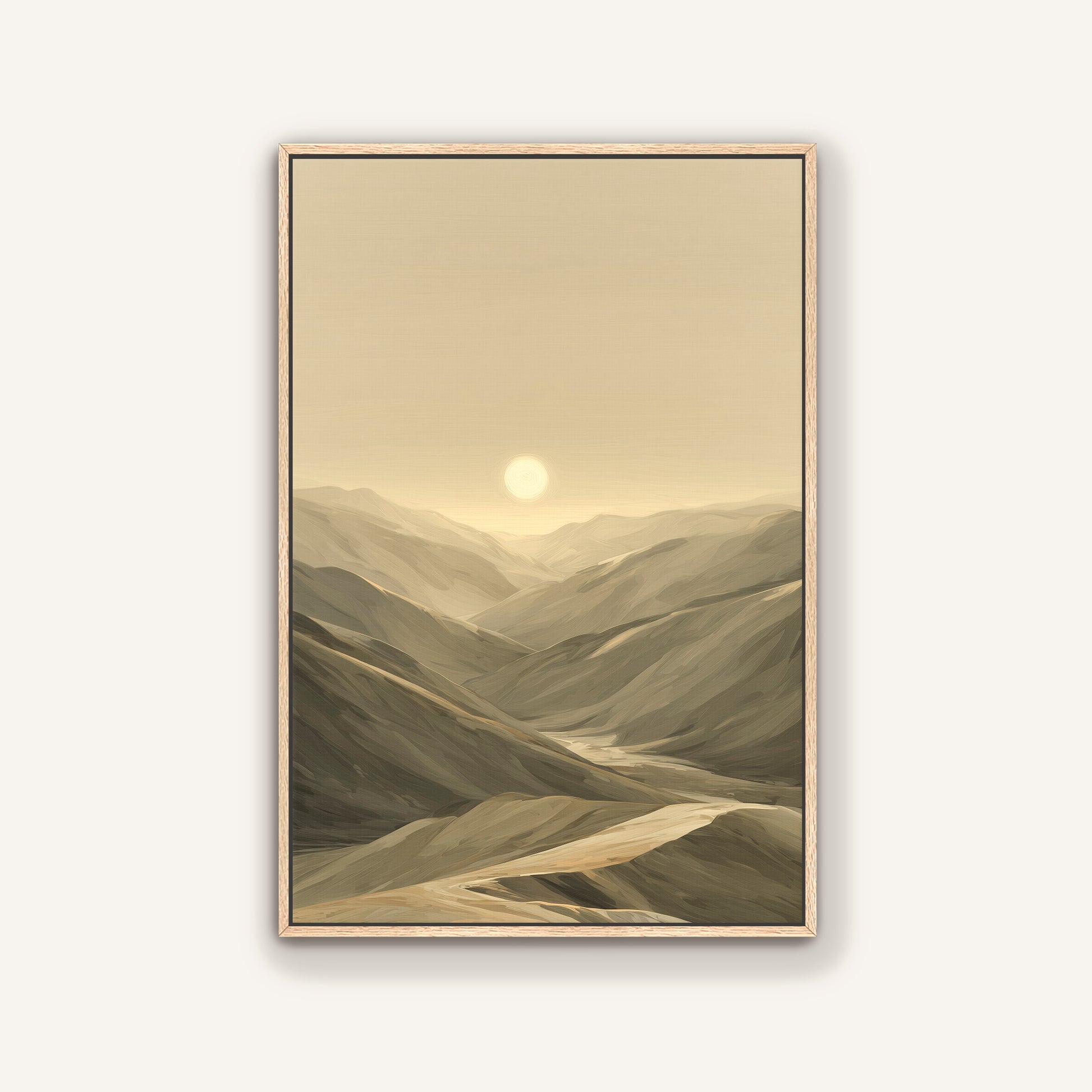 Desert mountains framed canvas with oak floater frame.
