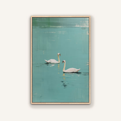 Natural framed artwork of two swans on a teal background.