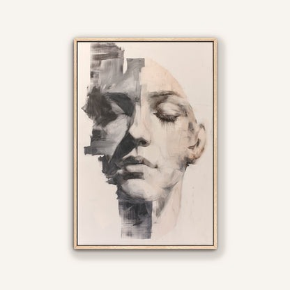 Abstract portrait painting in ivory and charcoal with natural wood frame, modern minimal wall art on a white background.