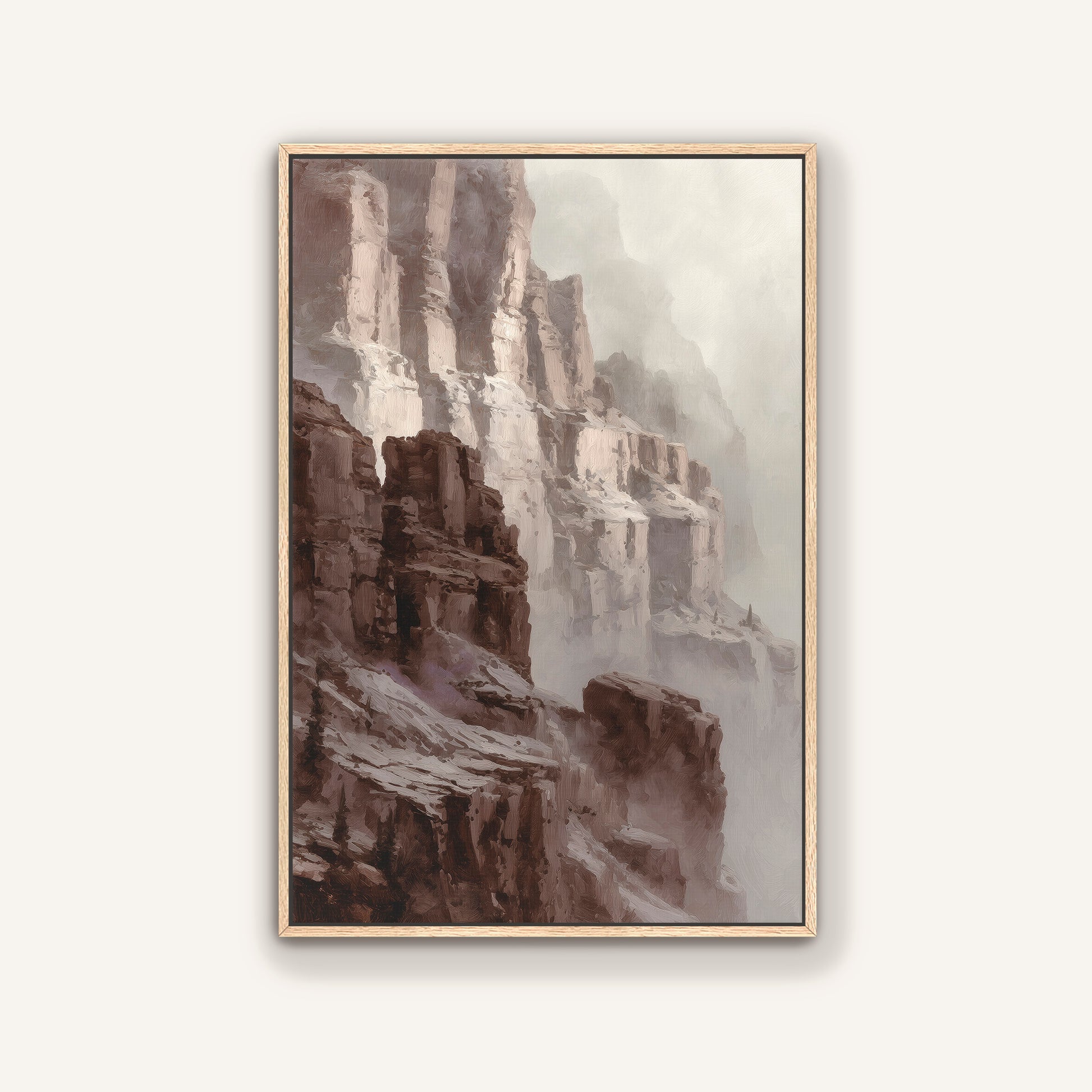 Canyon cliff landscape painting with misty rocks in a light oak floating frame