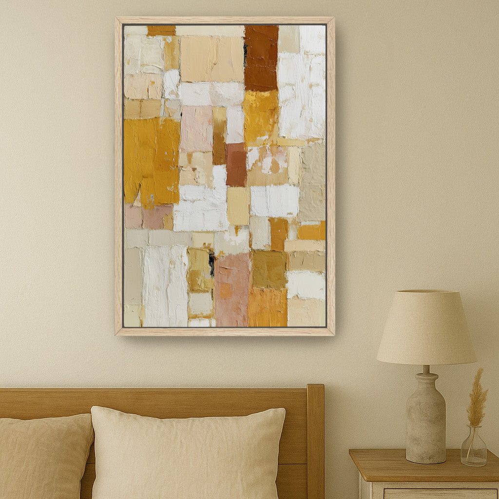 Abstract textured wall art in warm golden and cream tones styled above a bed.