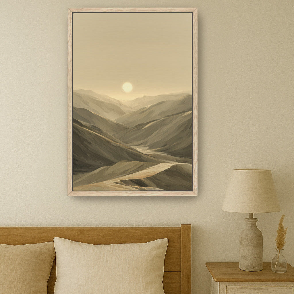 natural oak framed canvas hung above bed.