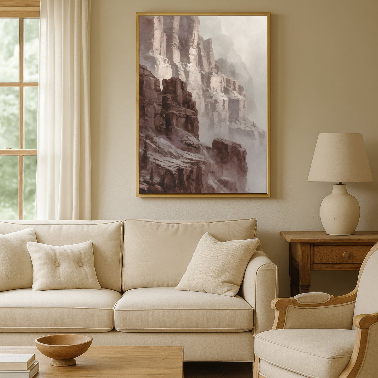 Neutral living room with large canyon cliff wall art in a gold frame above a beige sofa.