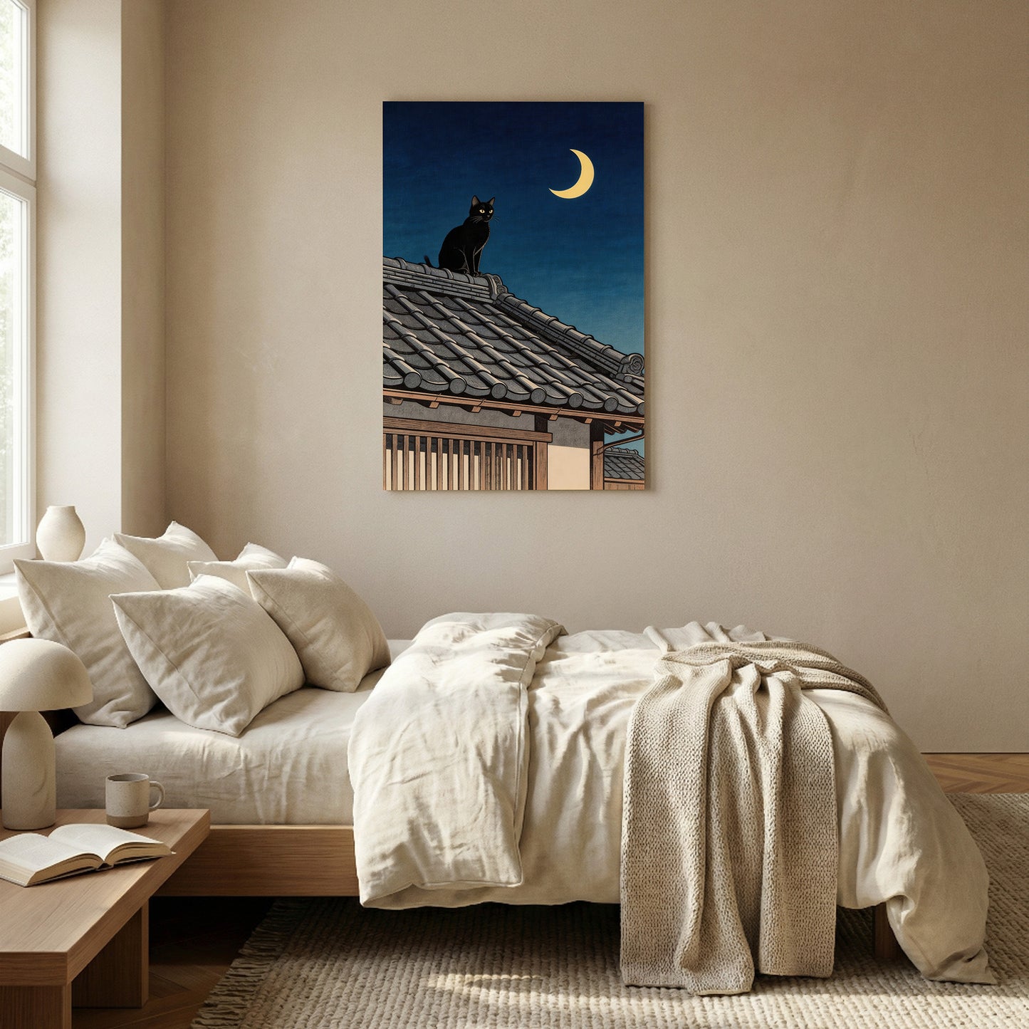 Black cat on Japanese rooftop under crescent moon wall art in neutral bedroom
