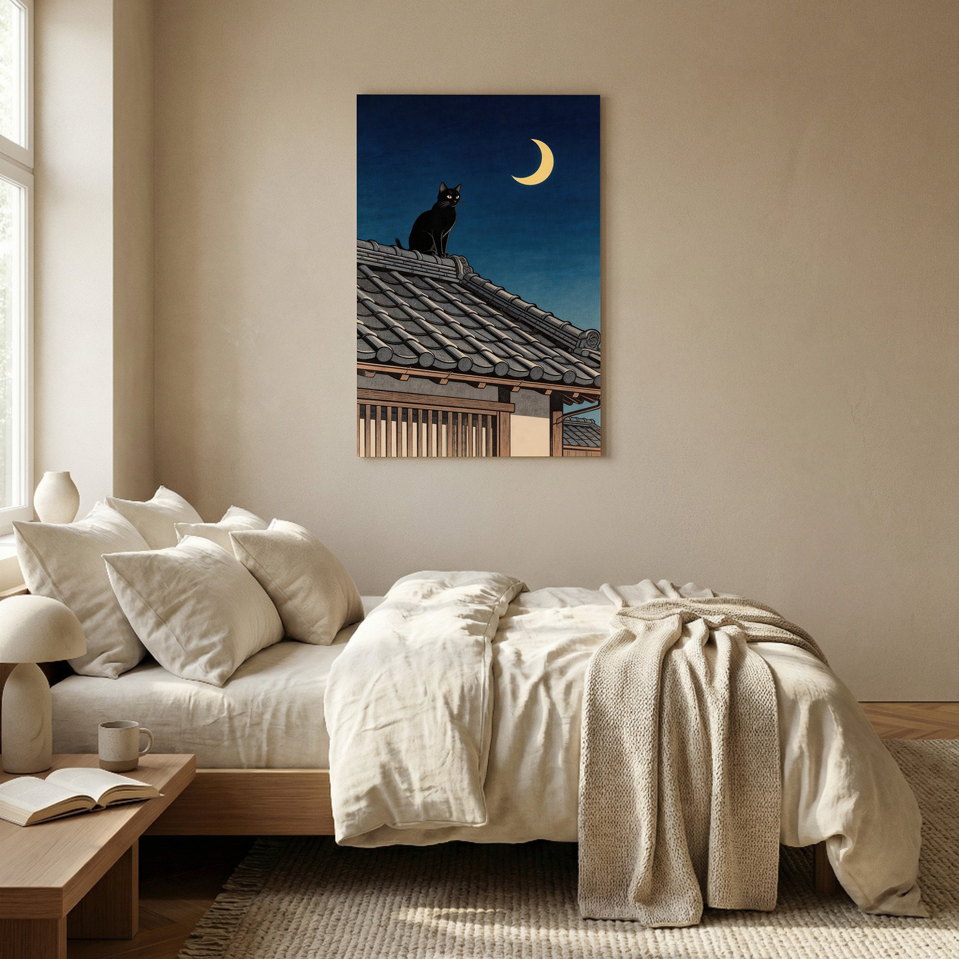 Black cat on Japanese rooftop under crescent moon wall art in neutral bedroom