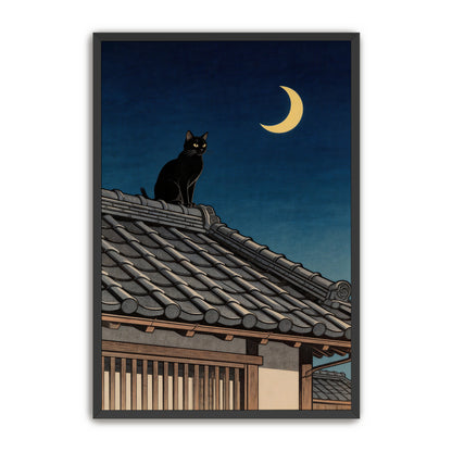 Black framed crescent moon and black cat rooftop wall art product photo