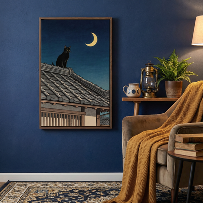 Black cat crescent moon rooftop art on blue wall in cozy reading corner