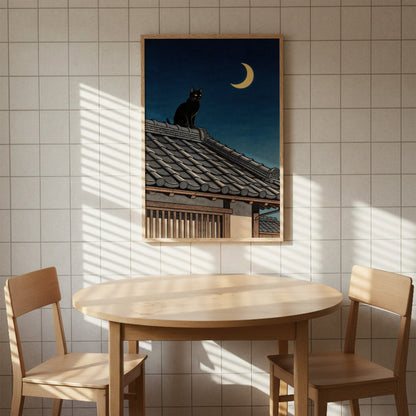 Black cat crescent moon Japanese roof print on tiled wall above dining table