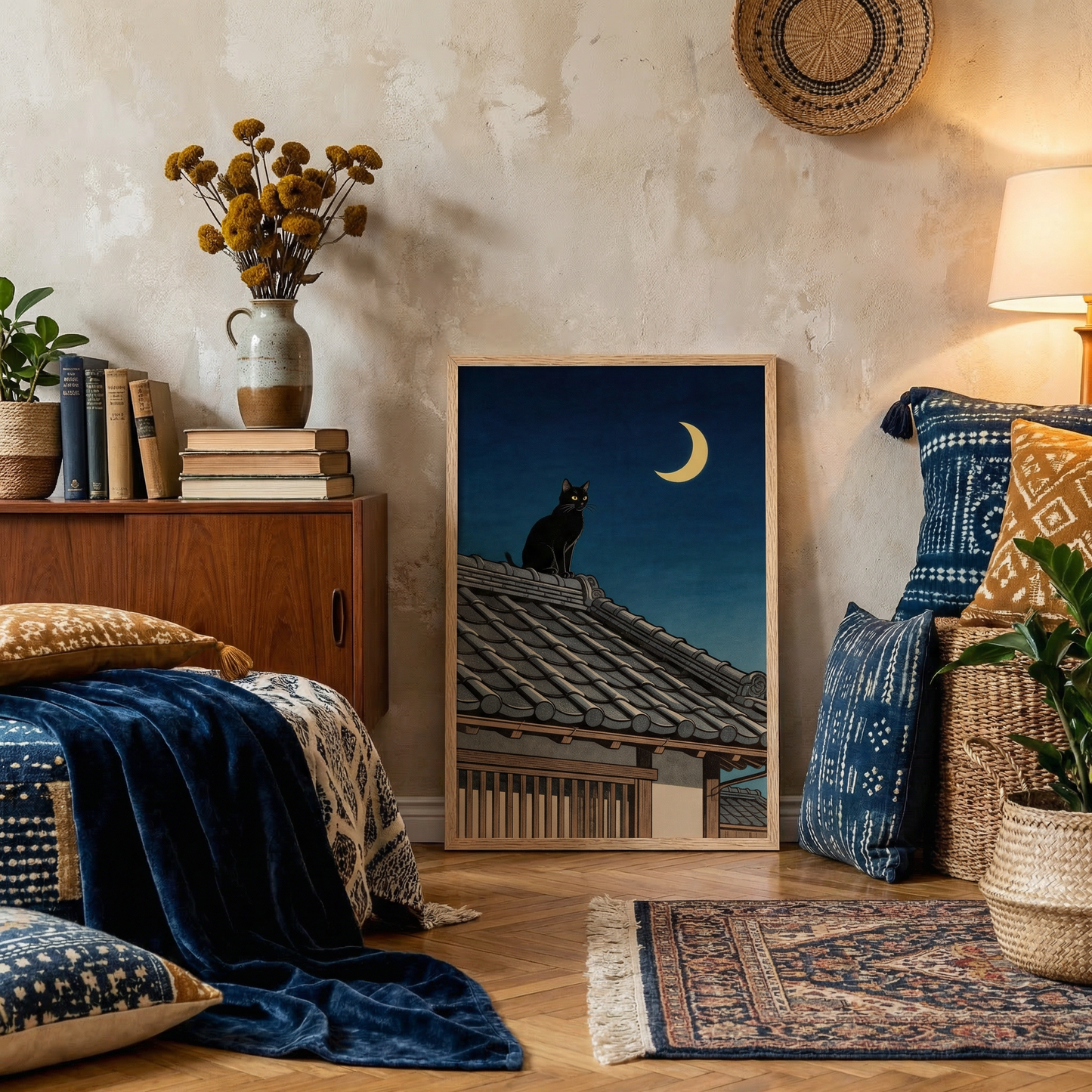 Japanese rooftop night wall art leaning against wall in cozy boho room decor