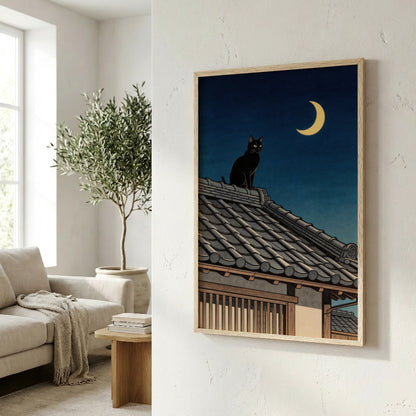 Japanese rooftop night wall art with black cat displayed in bright living room
