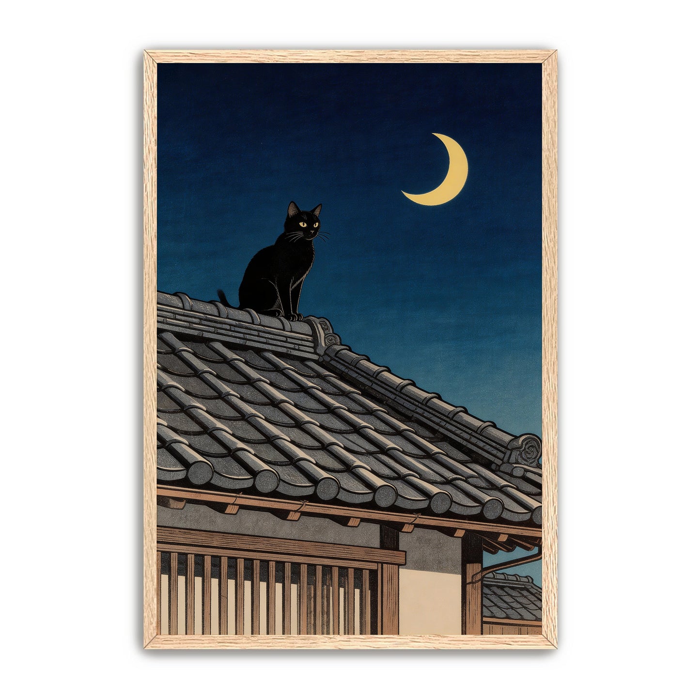Natural wood frame Japanese rooftop night print product photo