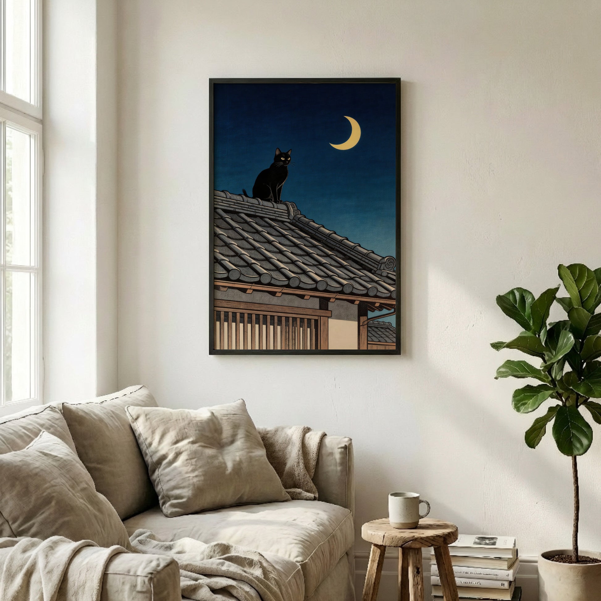 Black framed Japanese rooftop night wall art above sofa in minimal living room