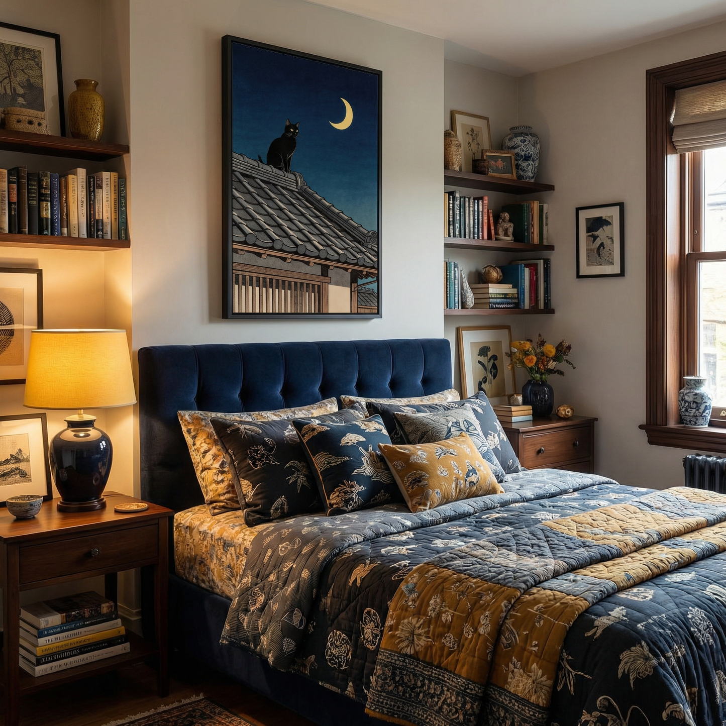 Japanese rooftop cat night wall art above bed in warm styled bedroom with blue textiles