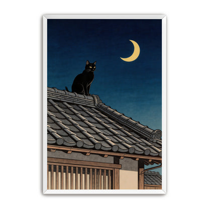 White framed black cat crescent moon Japanese roof wall art on white background