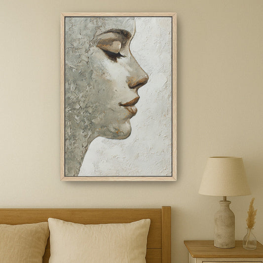Oak-framed feminine portrait wall art hanging above neutral bed in minimalist bedroom setting.