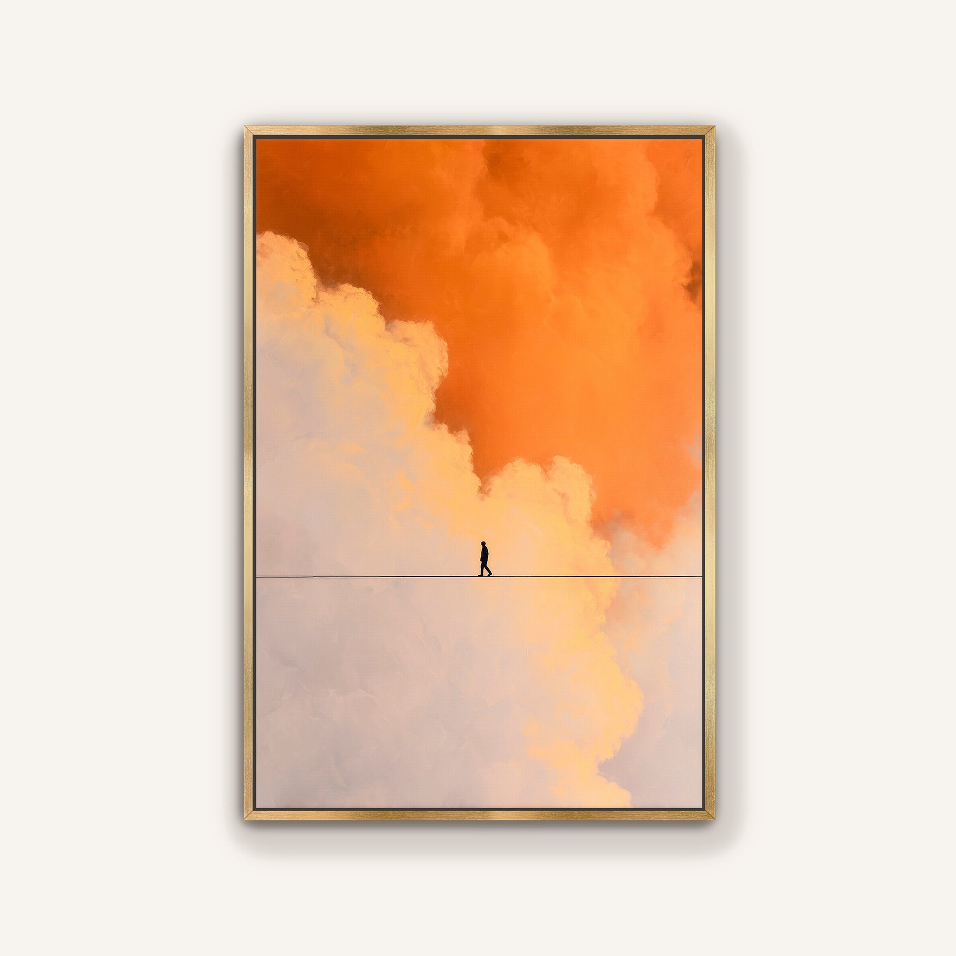 Elegant gold framed canvas print of a lone person balancing on a line surrounded by orange and soft cream clouds.