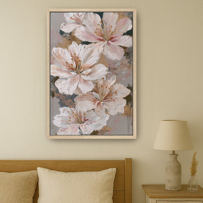 Large floral print featuring ivory and blush lilies framed in light oak, styled above a neutral beige bed.
