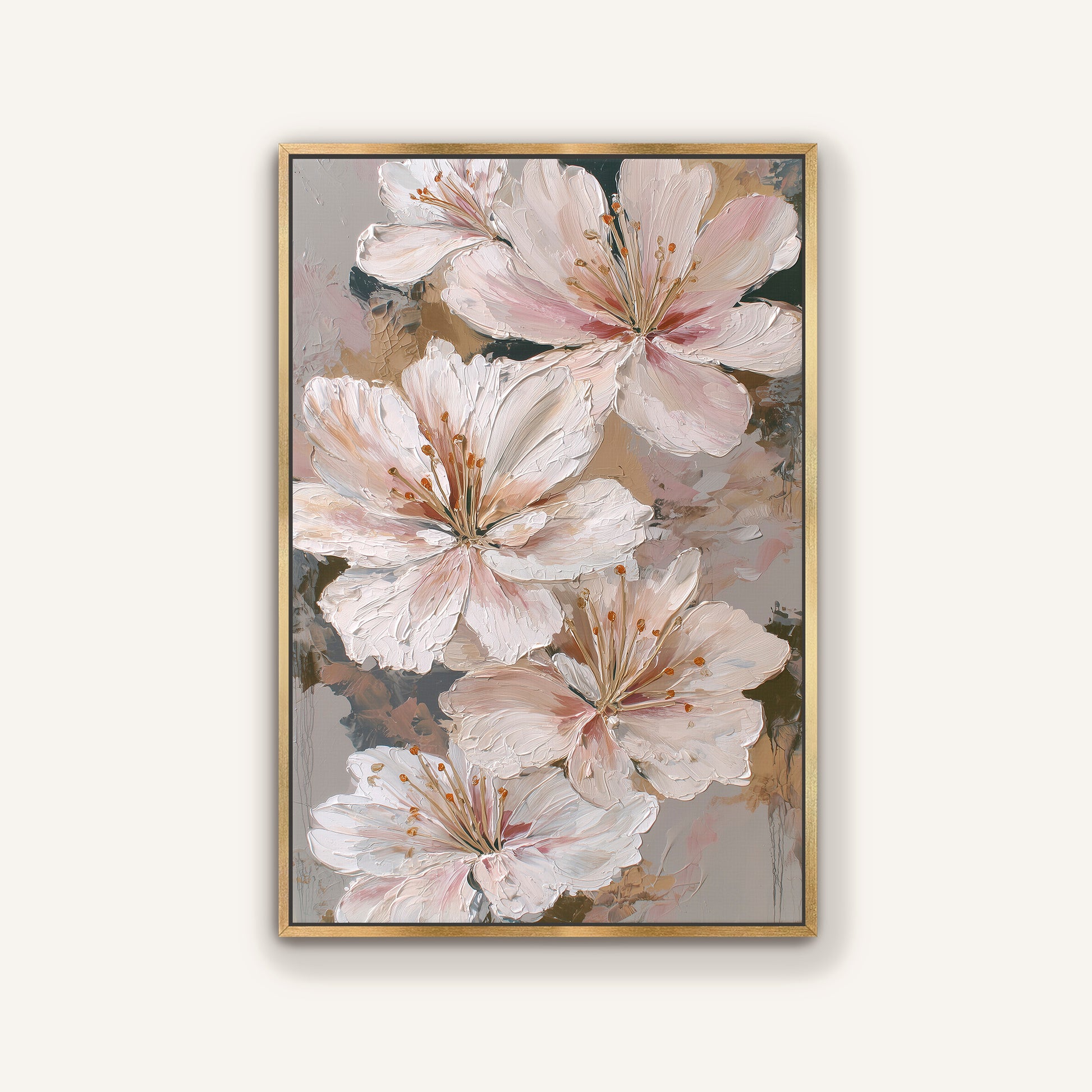 Luxury floral wall art print of ivory and blush lilies on taupe background with an elegant gold frame finish.