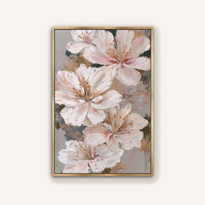 Luxury floral wall art print of ivory and blush lilies on taupe background with an elegant gold frame finish.