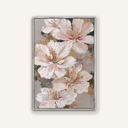 Modern floral canvas print with textured ivory lily petals and blush undertones in a sleek silver metal frame.