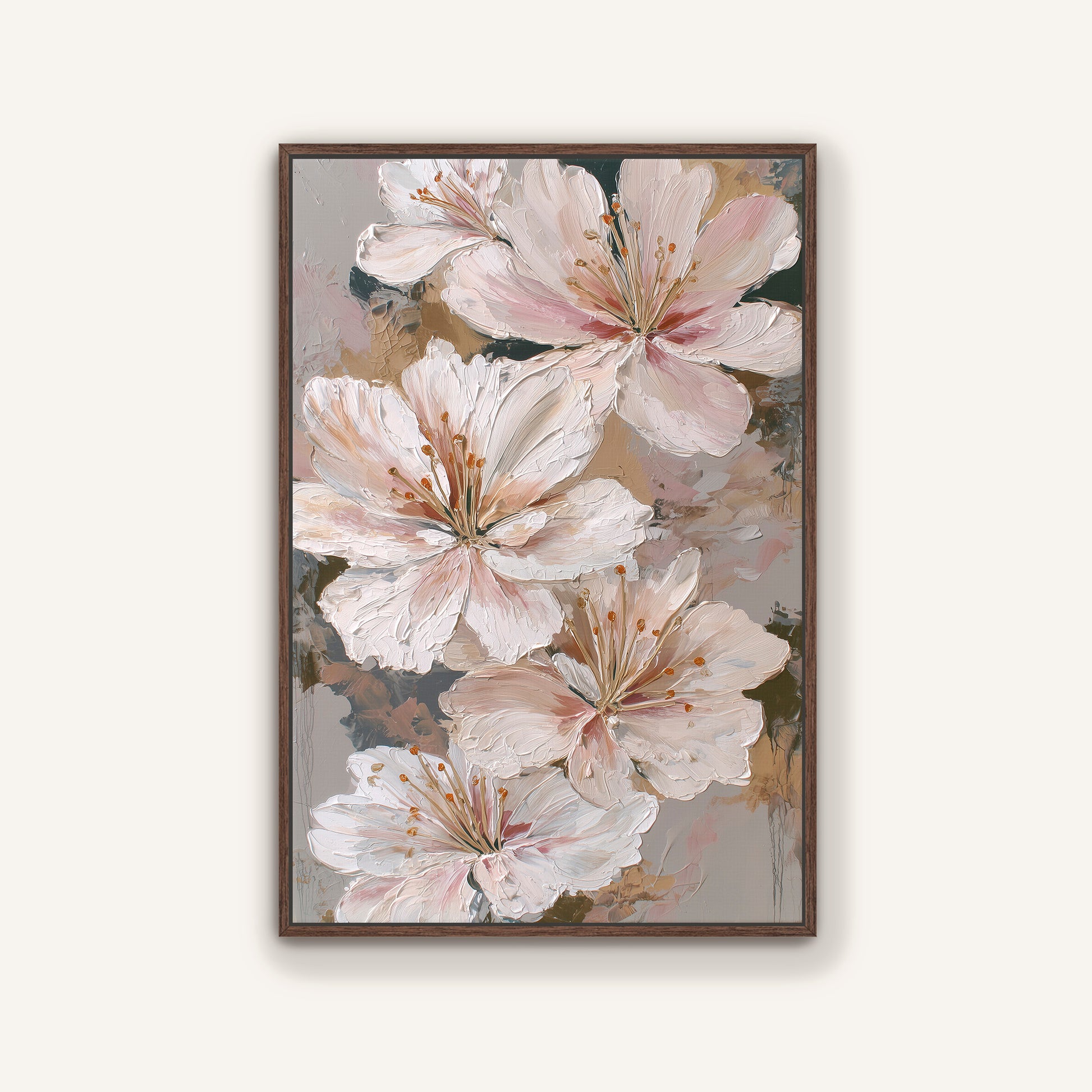 Neutral-toned lily flower abstract art with blush highlights and deep walnut wood frame, perfect for warm interiors.