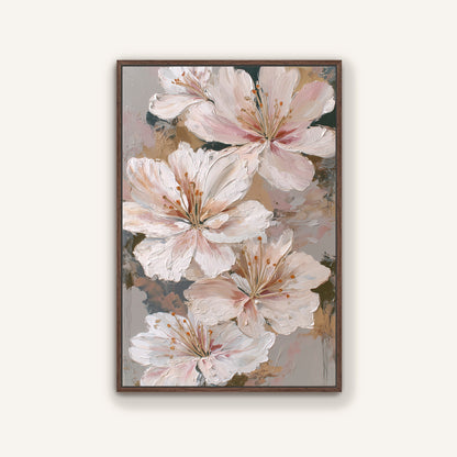 Neutral-toned lily flower abstract art with blush highlights and deep walnut wood frame, perfect for warm interiors.