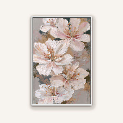 Elegant lily blossom abstract wall art with ivory and taupe tones, framed in minimalist white for a clean, airy look.