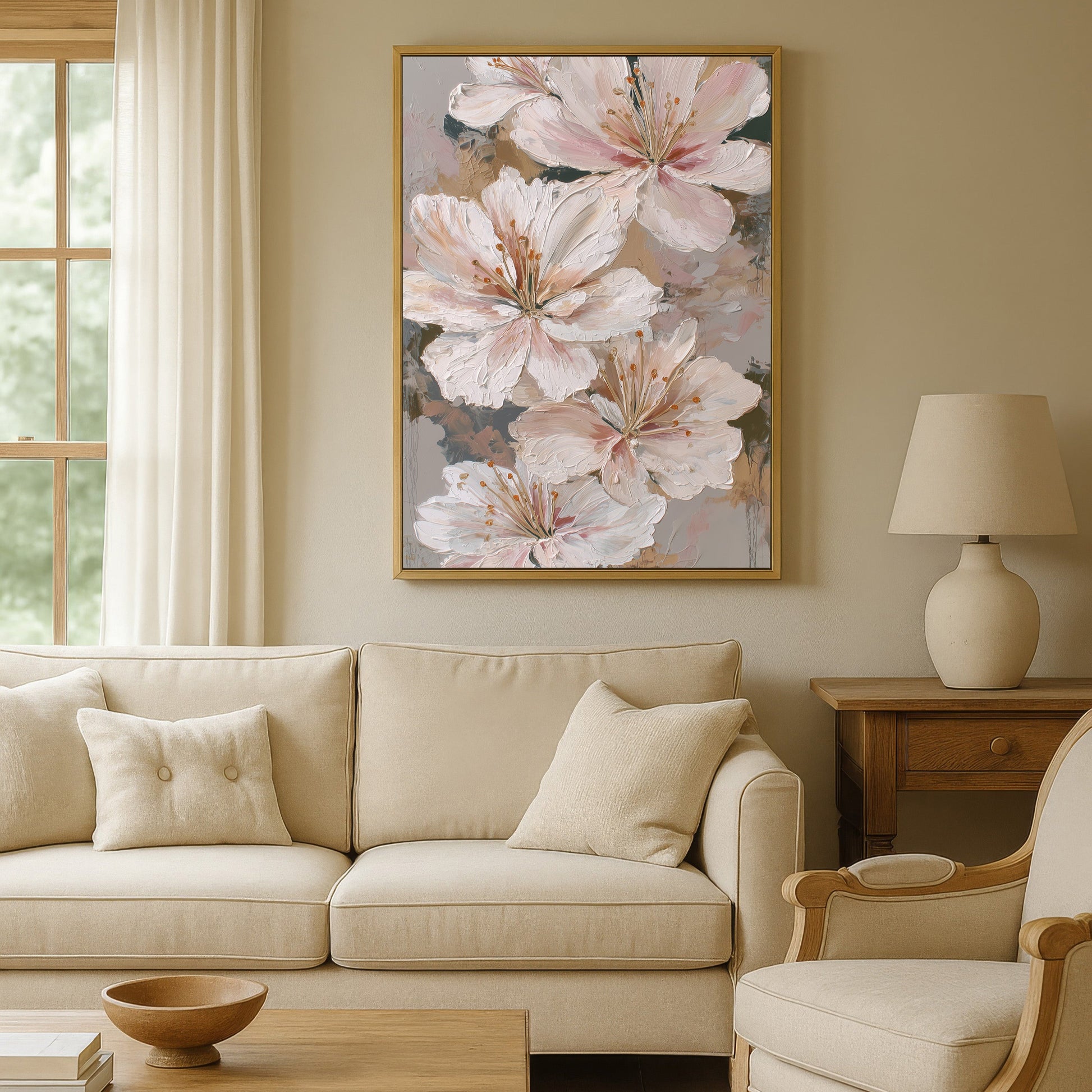 Large floral canvas art featuring soft ivory and blush lilies in a gold frame, styled above a beige sofa in an elegant living room.