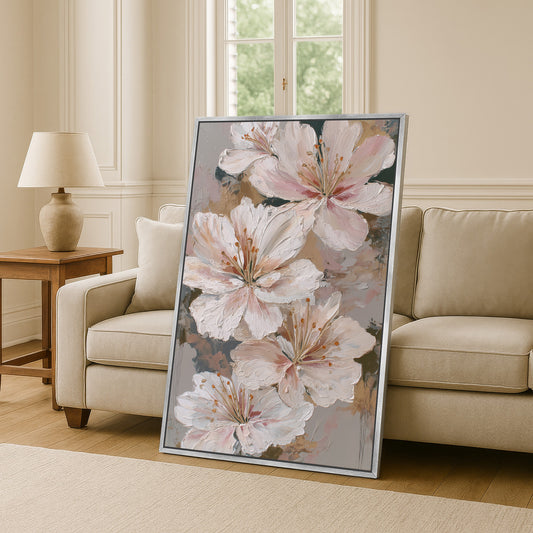 Muted ivory and blush floral wall art leaning against a modern beige sofa, framed in sleek silver.