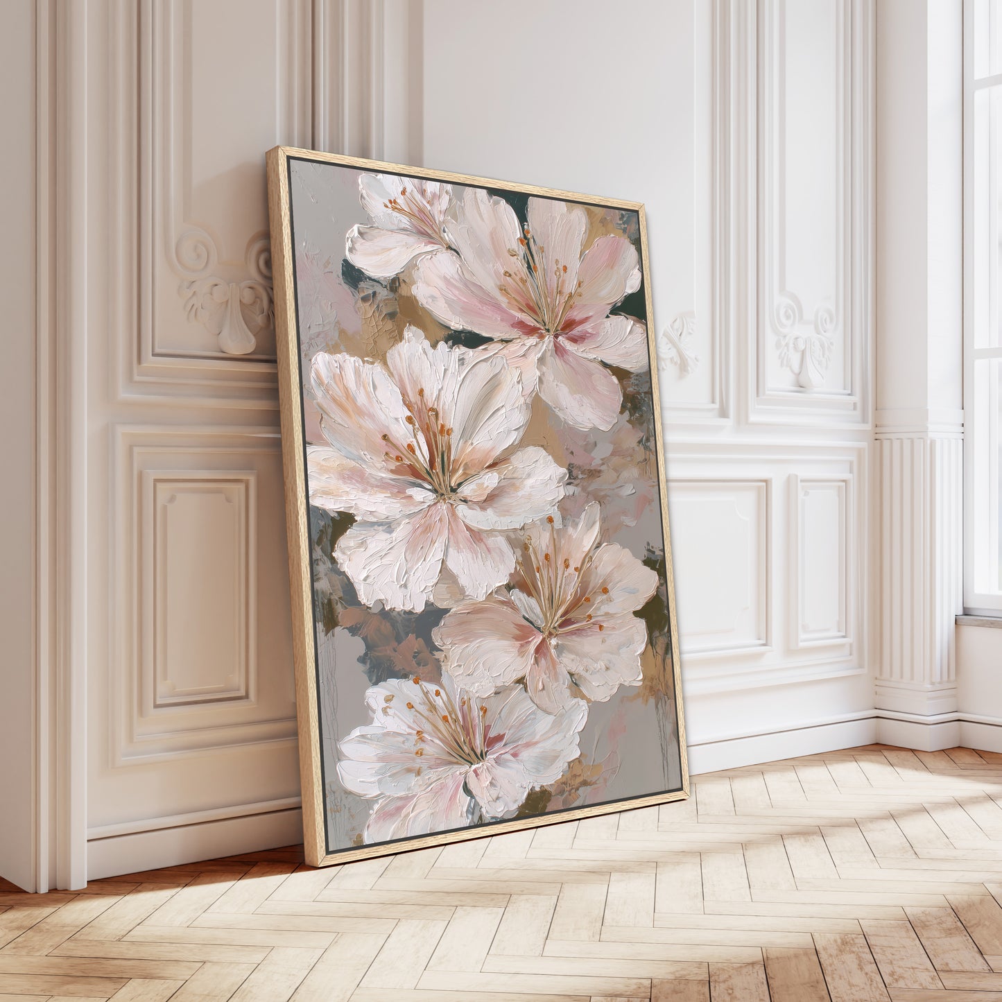 Textured floral canvas with blush and ivory lilies in a gold frame leaning against an ornate white wall.