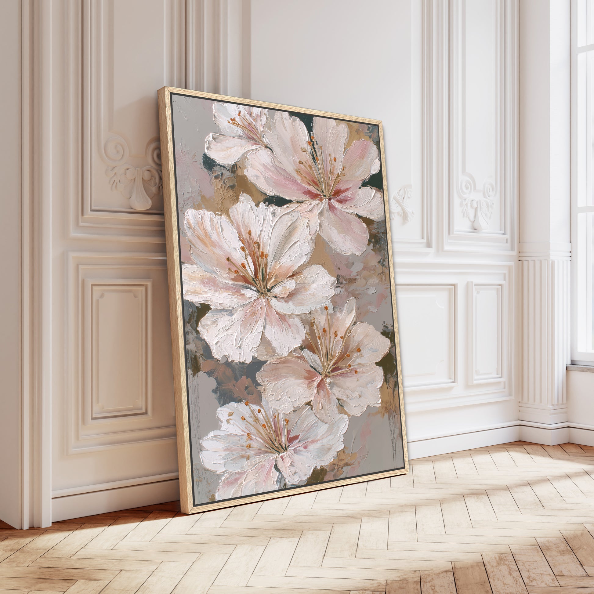 Textured floral canvas with blush and ivory lilies in a gold frame leaning against an ornate white wall.