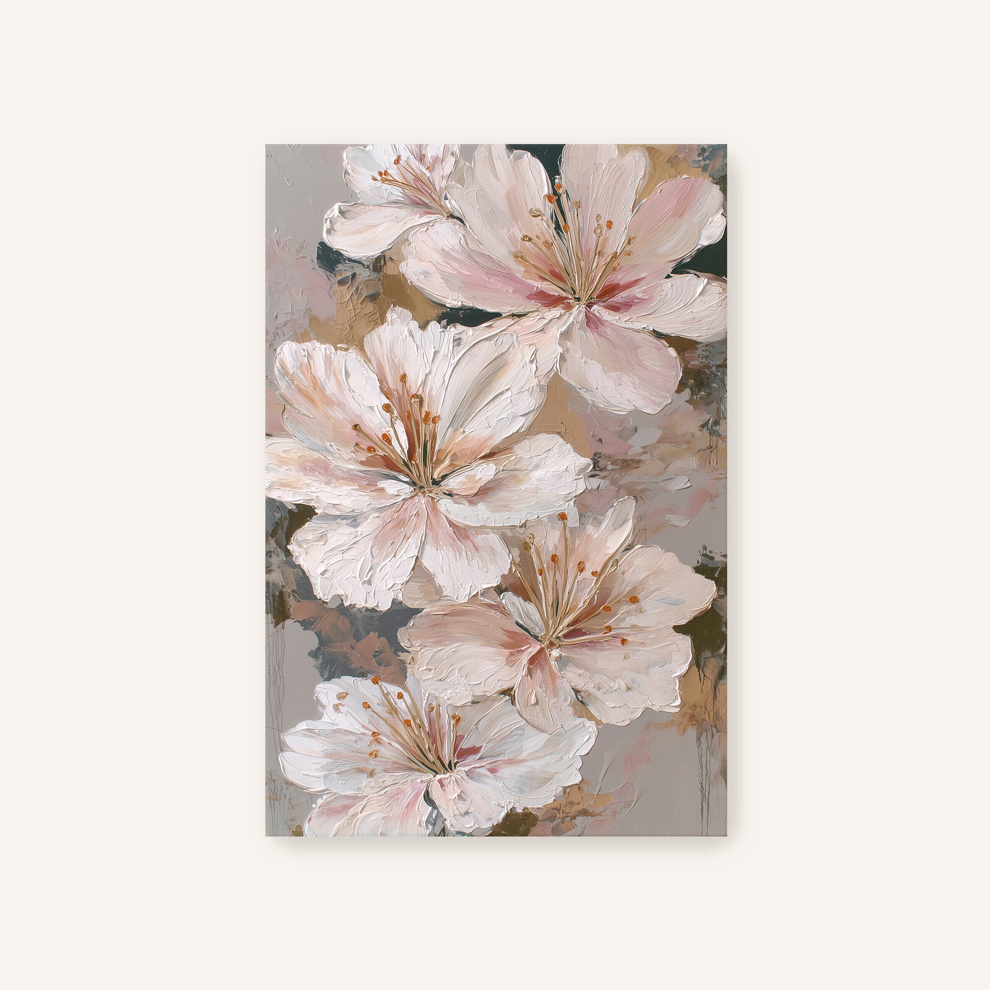 Textured abstract floral canvas print of soft blush and ivory lilies on taupe background, unframed and ready to hang.