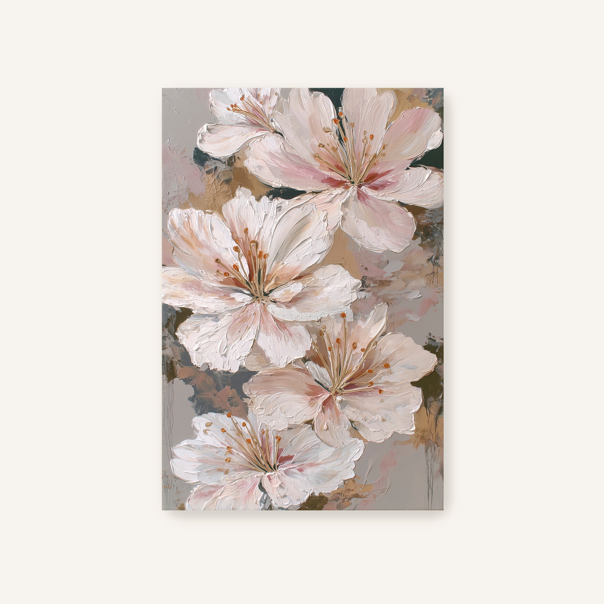 Textured abstract floral canvas print of soft blush and ivory lilies on taupe background, unframed and ready to hang.