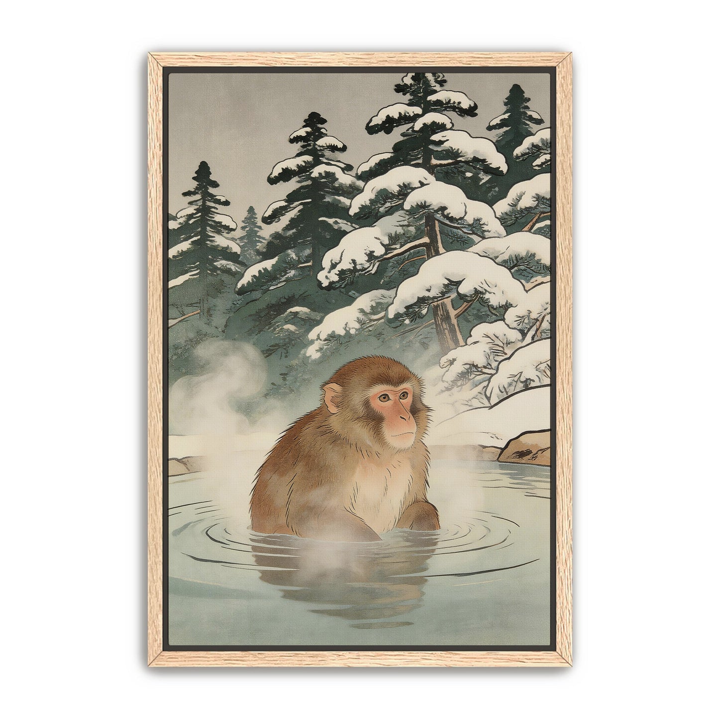Japanese snow monkey wall art in natural wood frame on white background