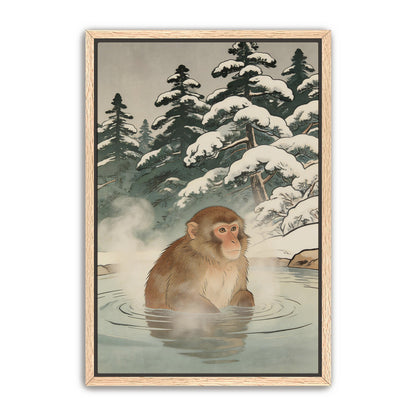 Japanese snow monkey wall art in natural wood frame on white background