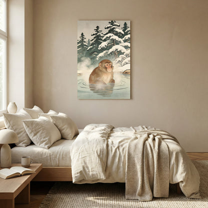 Snow monkey wall art above bed in warm neutral bedroom