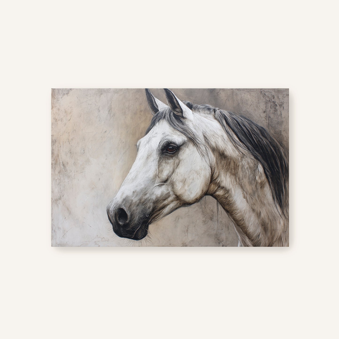 Lifelike horse portrait painting in ivory and charcoal on unframed gallery canvas
