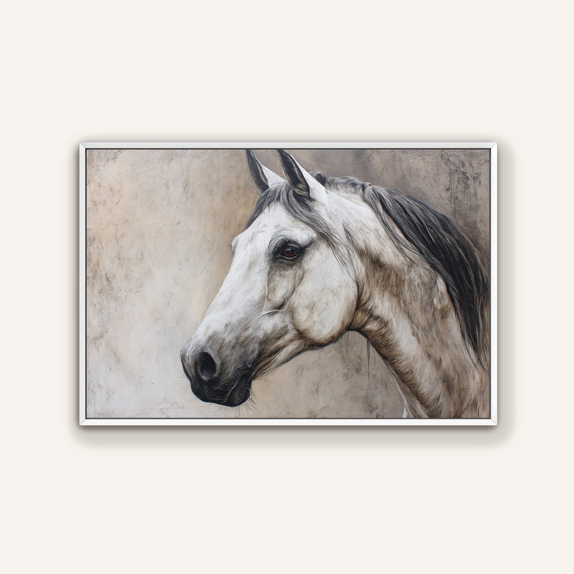 Neutral horse portrait wall art in a modern white frame