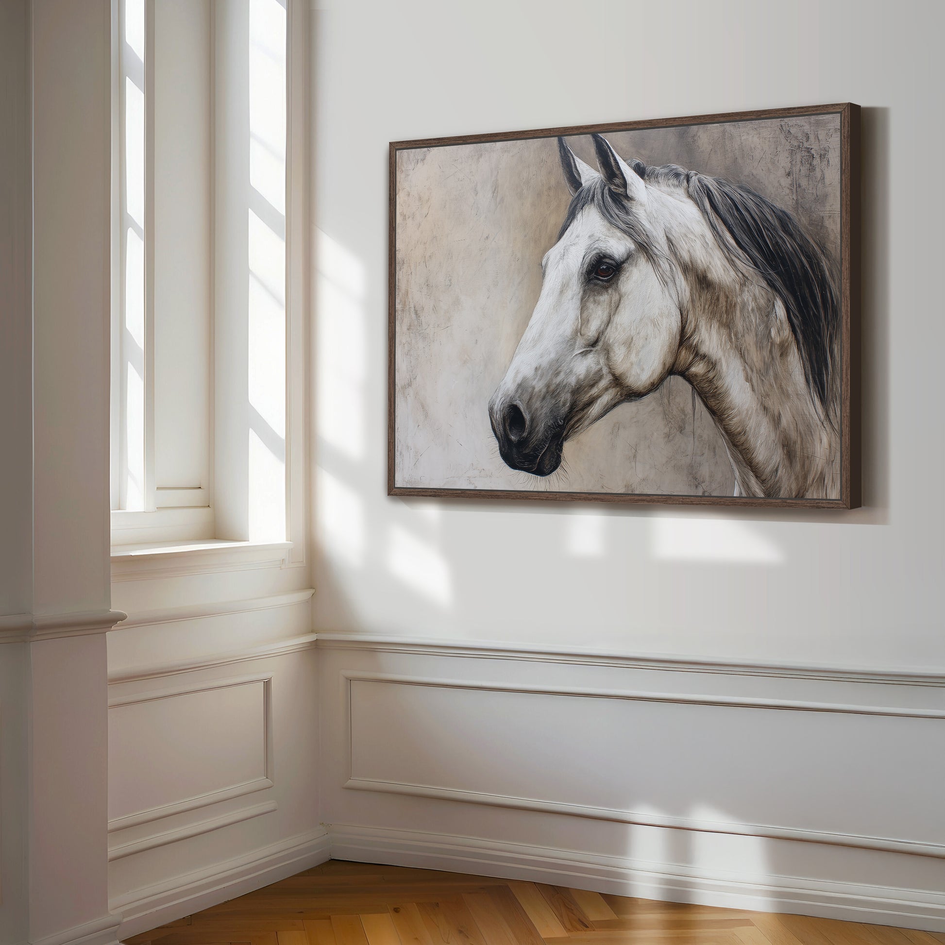 Regal horse portrait wall art with ivory and charcoal detail in dark espresso wood floating frame