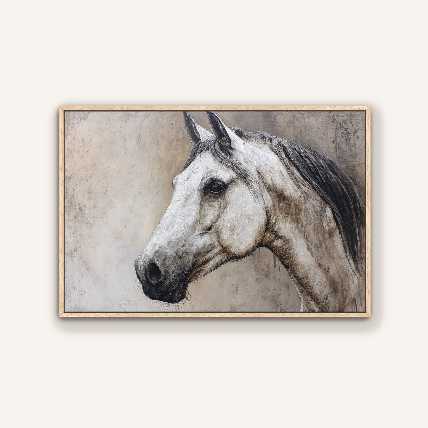 Regal horse portrait canvas painting in natural oak floating frame on neutral wall