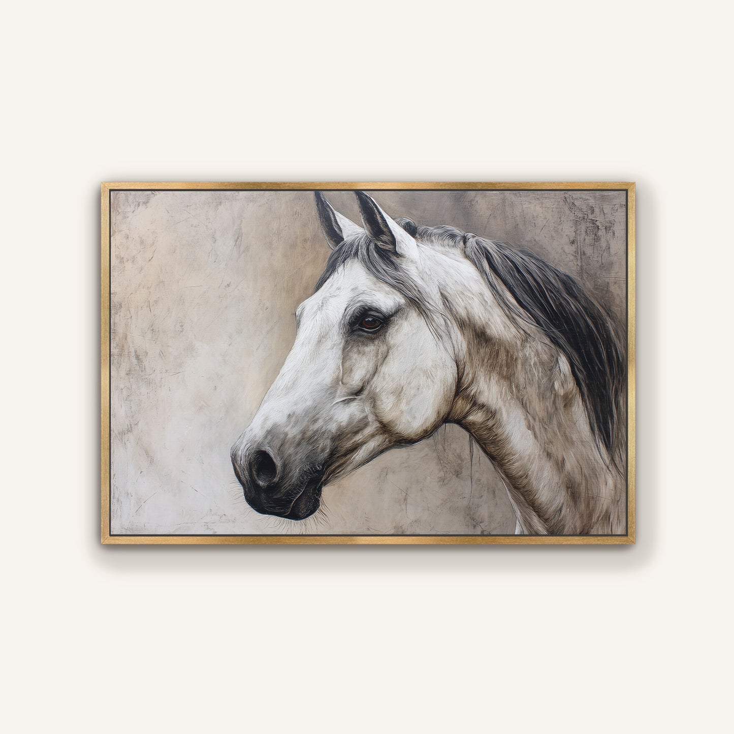 Regal horse portrait canvas wall art framed in elegant gold for upscale interiors