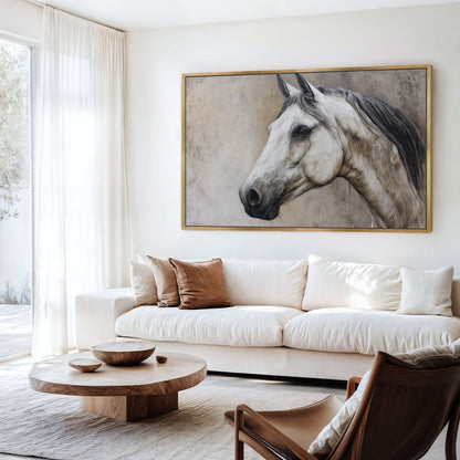 Large regal horse portrait canvas in gold frame styled above white sofa in bright modern living room