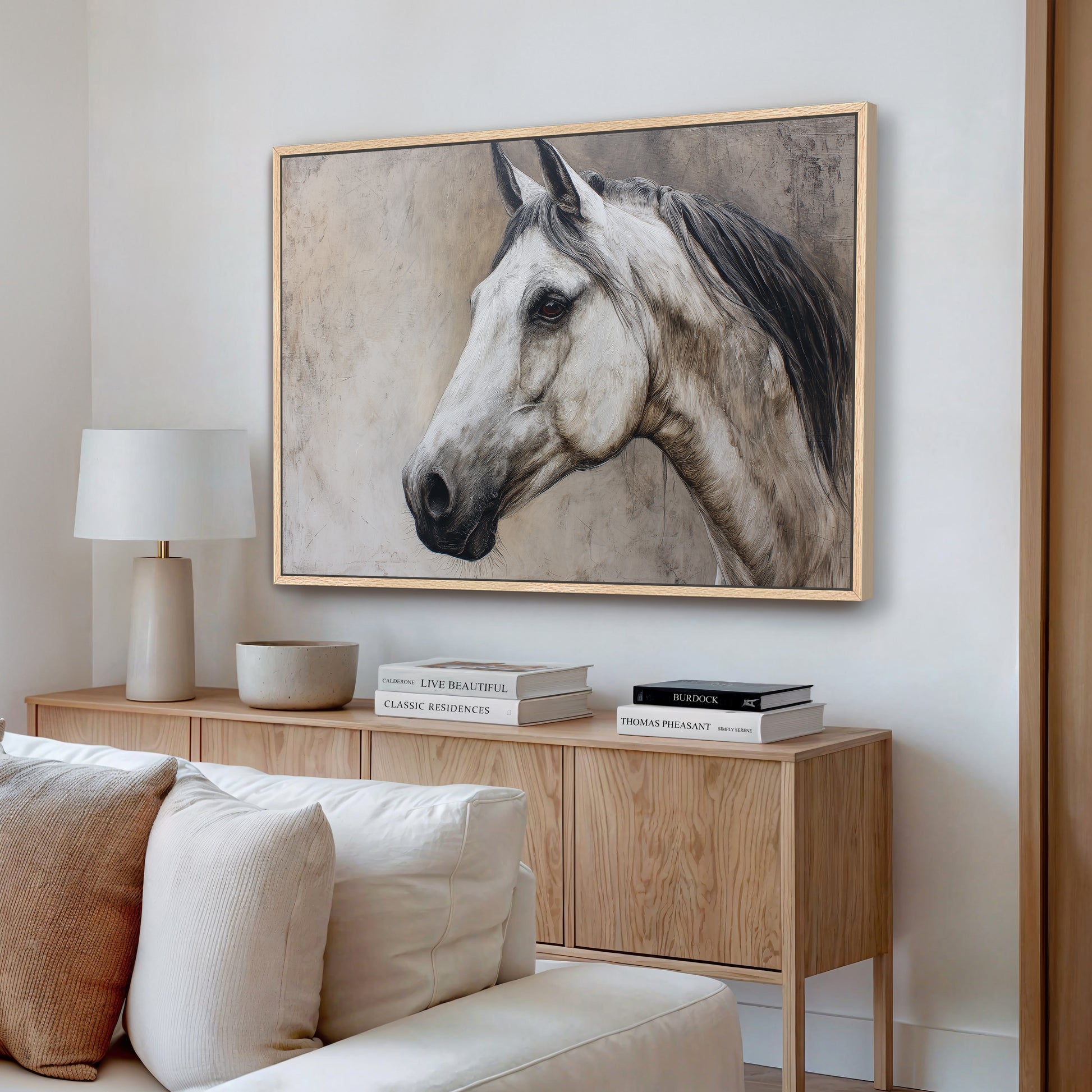 Regal horse portrait wall art in natural frame displayed above modern wooden console with lamp and books