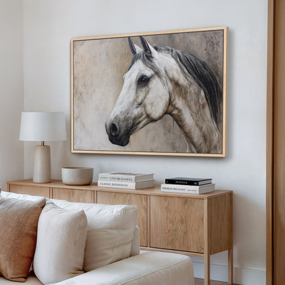 Regal horse portrait wall art in natural frame displayed above modern wooden console with lamp and books