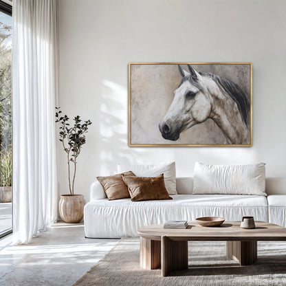Regal horse portrait canvas displayed in modern neutral living room with wood coffee table and sofa