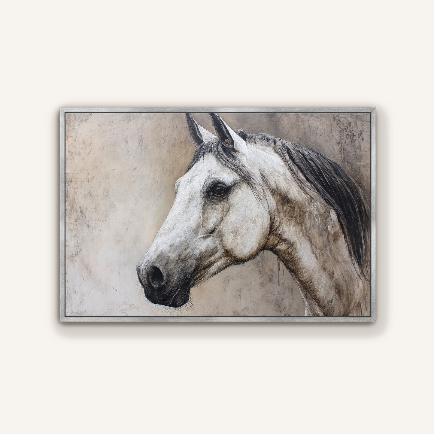 Elegant equestrian horse portrait canvas in sleek silver floating frame