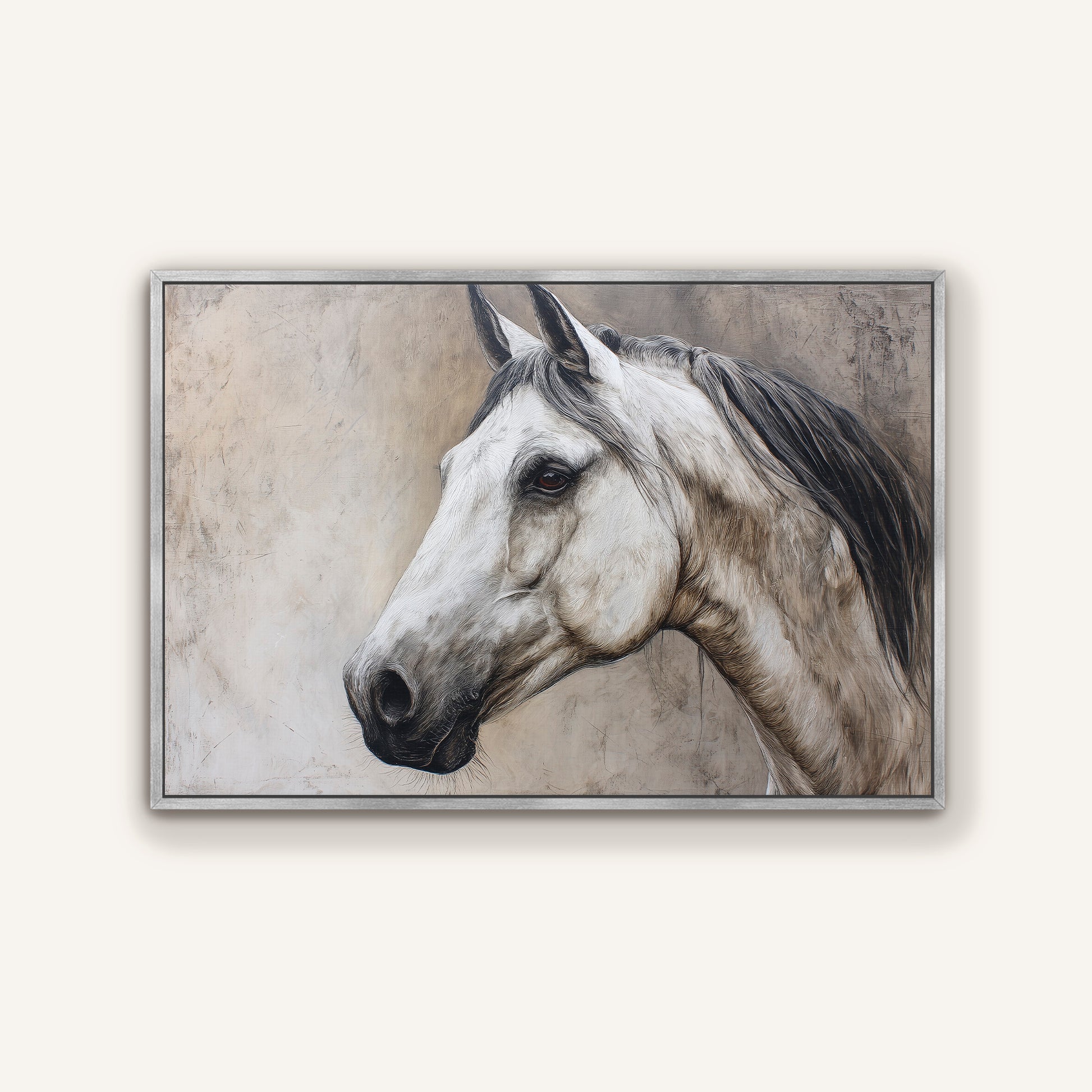 Elegant equestrian horse portrait canvas in sleek silver floating frame